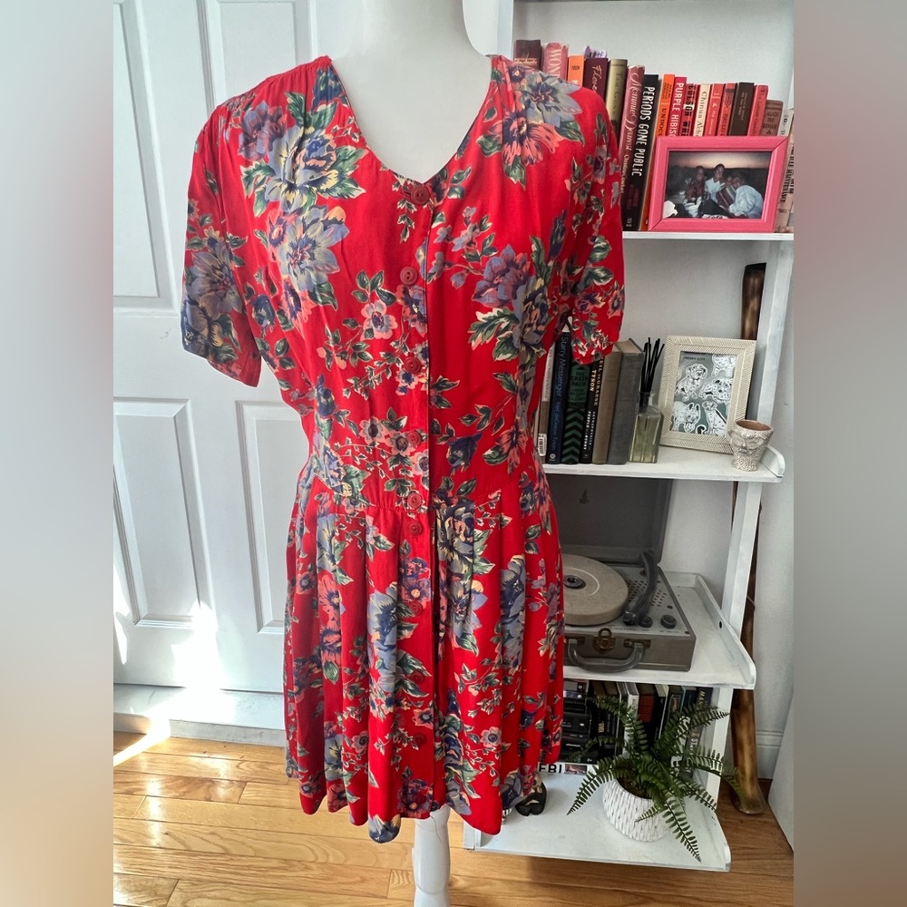 90s Red Floral Skater Dress
